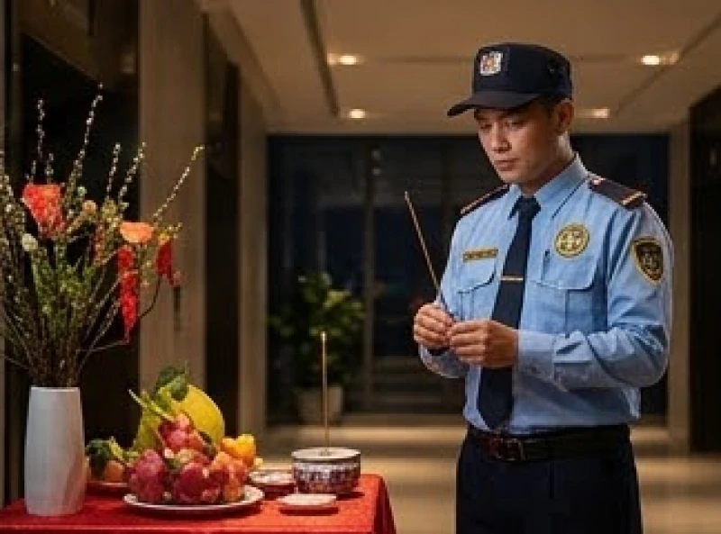Văn khấn giao thừa tại công ty: Bài cúng chuẩn & xử lý thực tế 7 Nhân viên bảo vệ tòa nhà thay mặt công ty thắp hương cúng giao thừa trong ca trực đêm vắng lặng