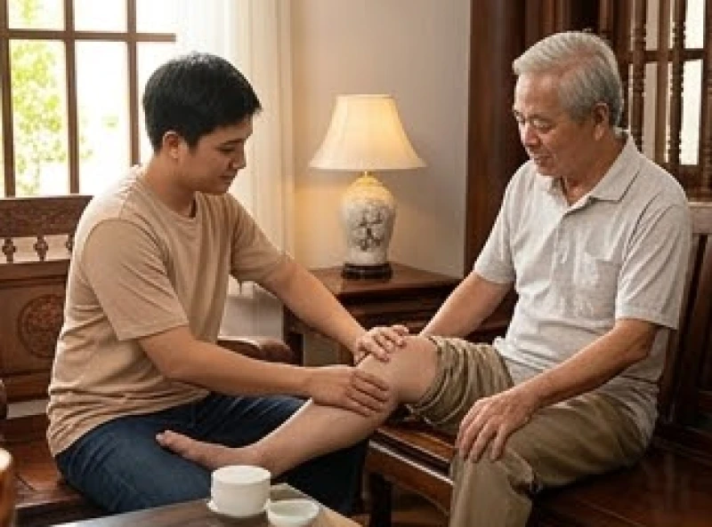 Con cháu xoa bóp và chăm sóc đôi chân cho cụ ông để phòng ngừa đau nhức xương khớp khi trái gió trở trời
