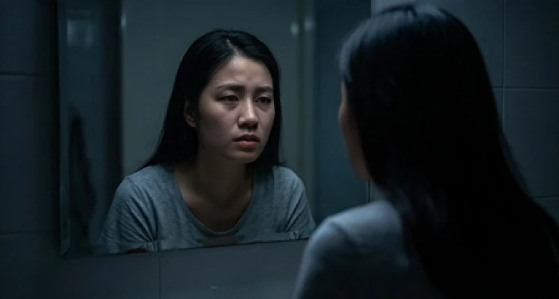 Mơ thấy người âm theo: Tự chẩn đoán nguyên nhân và cách hóa giải 7 Cô gái trẻ nhìn vào gương với đôi mắt mệt mỏi và nét mặt chất chứa nhiều sự bất an