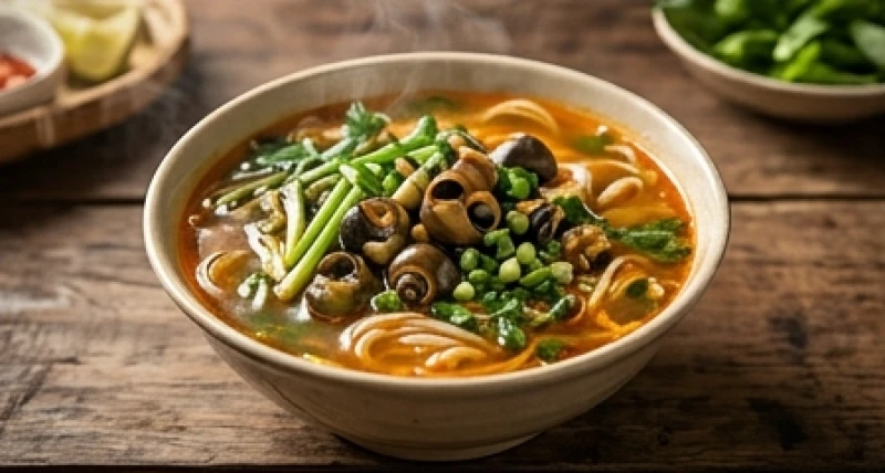 Bát bún ốc truyền thống nóng hổi với nước dùng màu cam óng ả và nhiều hành lá non