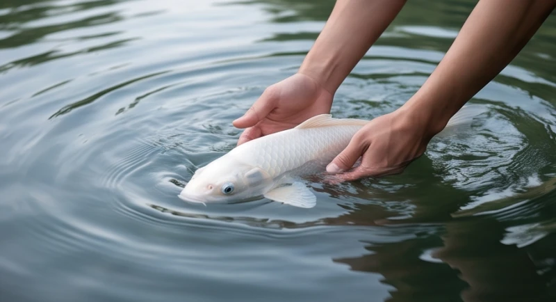 Đôi bàn tay đang cố gắng bắt và giữ chặt một con cá chép trắng trơn trượt trên mặt nước hồ