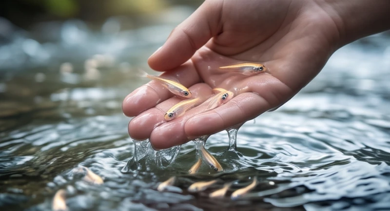 Đàn cá con nhỏ bé trượt qua kẽ tay và rơi trở lại xuống dòng nước mát lành một cách tiếc nuối