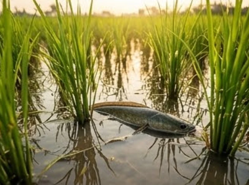 Chú cá quả lẩn khuất dưới gốc rạ trên cánh đồng lúa nước nông bình yên, biểu tượng cho nguồn thu nhập phụ mang lại no ấm.