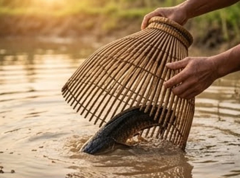 Người dân dứt khoát dùng nơm bắt cá lóc dưới ao cạn, thể hiện sự quyết đoán nắm bắt cơ hội khi chiêm bao thấy loài cá này.