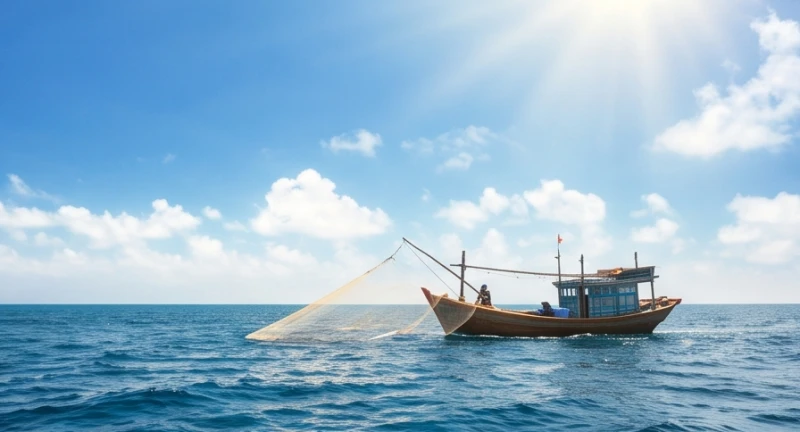 Khung cảnh đánh bắt cá giữa vùng đại dương mênh mông với những con sóng vỗ nhẹ dưới bầu trời trong xanh
