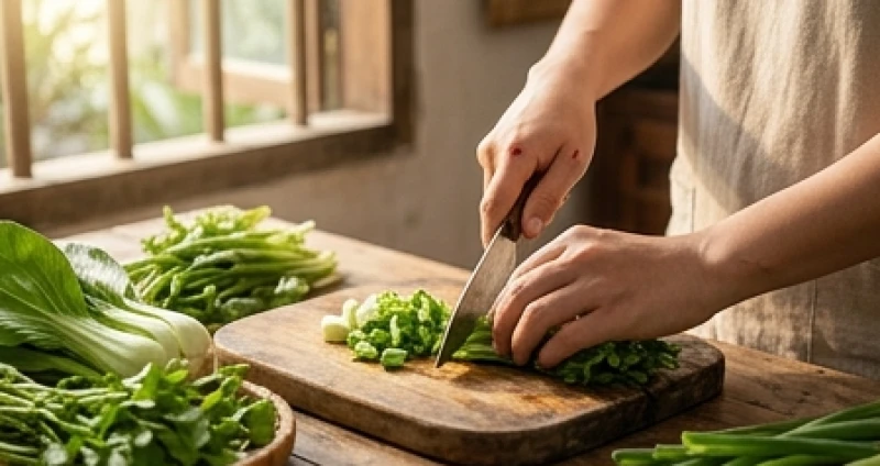 Người phụ nữ vô tình làm đứt tay nhẹ khi thái rau củ chuẩn bị bữa ăn sáng ngày mùng 1 âm lịch.