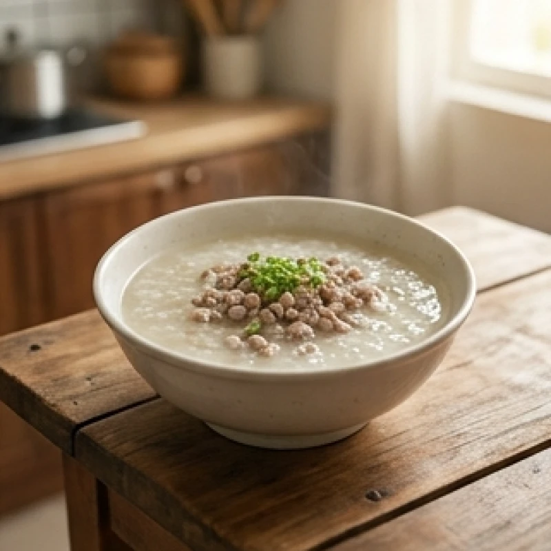 Bát cháo thịt băm nấu loãng để nguội dành cho người bị tổn thương niêm mạc miệng