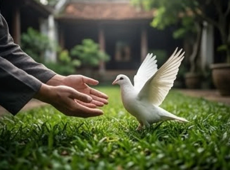 Hai bàn tay lén lút tiếp cận và cố gắng chộp lấy một chú chim bồ câu trên bãi cỏ xanh