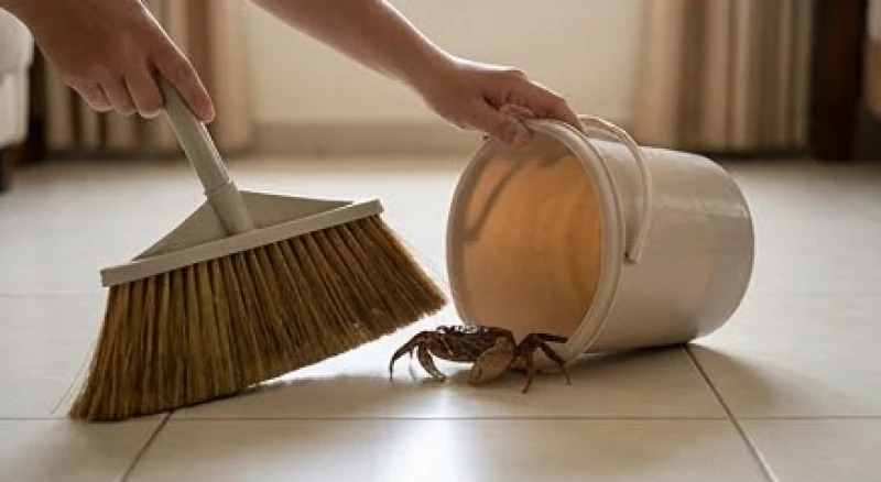 Dùng chổi quét dứt khoát một con cua vào chiếc xô nhựa nhỏ đang đặt nằm ngang trên mặt đất