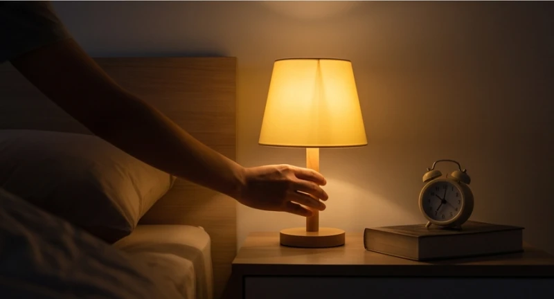 Bàn tay người đang với tới chiếc đèn ngủ màu vàng ấm áp đặt trên chiếc bàn nhỏ cạnh giường