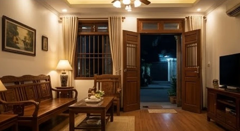 Mèo đen vào nhà là điềm gì? Tốt hay xấu và cách xử lý an toàn 3 Không gian tầng trệt được bật đèn sáng rực rỡ và cửa chính mở hé để tạo lối thoát tự nhiên cho mèo hoang
