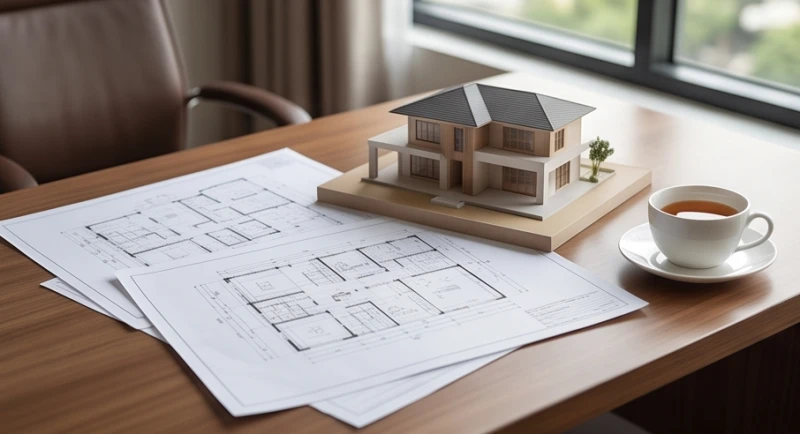Bản vẽ kiến trúc và mô hình nhà ở đặt trên bàn làm việc tượng trưng cho sự nghiệp liên quan đến đất đai