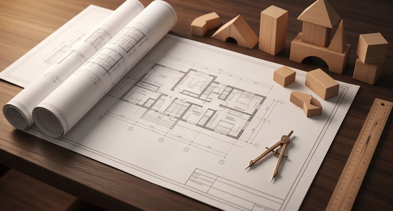 Tử vi tuổi Thìn trọn đời: bảng tra cứu phong thủy và mốc vận hạn 13 Bản thiết kế kiến trúc cao cấp đặt cạnh các khối hình học bằng gỗ thanh lịch