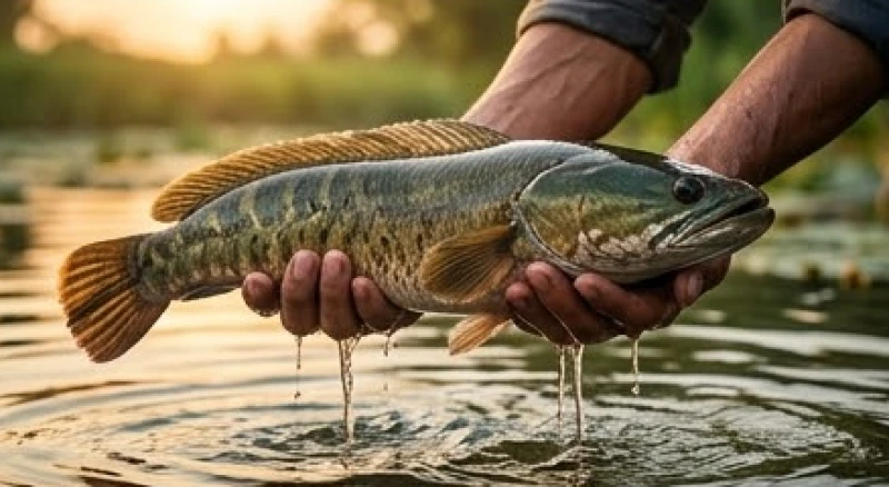 Người nông dân dùng tay không bắt được con cá chuối to khỏe mạnh dưới mương nước