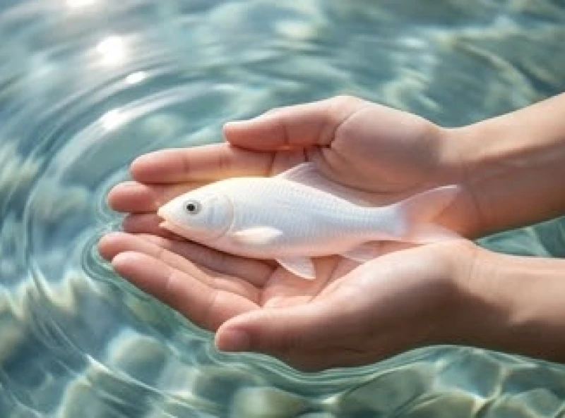 Đôi bàn tay đang cẩn thận nâng một chú cá trắng nhỏ bơi lội trong làn nước mát mẻ