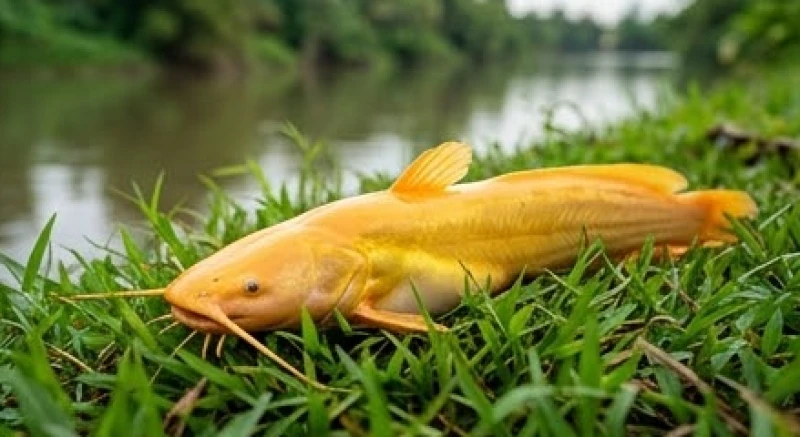 Con cá trê sở hữu lớp da màu vàng rực rỡ hiếm có đang nằm chễm chệ trên lớp cỏ xanh mướt ven bờ
