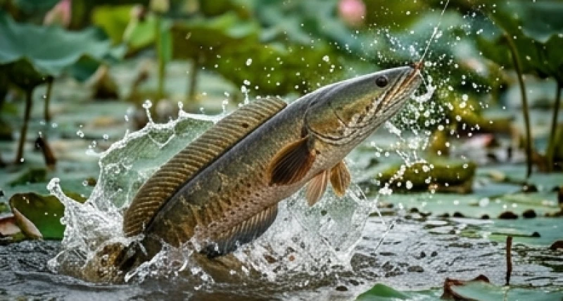 Một con cá lóc đồng lớn vẫy vùng tung tóe nước khi vừa được vớt lên khỏi mặt hồ sen