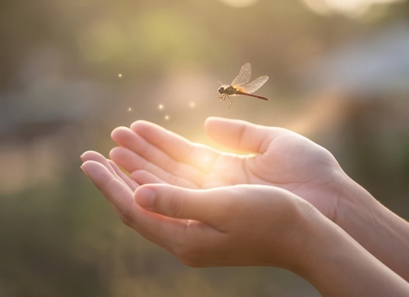 Mơ thấy chuồn chuồn: Điềm báo, bảng số may mắn & mẹo hóa giải 7 Hai bàn tay chụm lại nhẹ nhàng bắt lấy một chú chuồn chuồn nhỏ thể hiện sự khéo léo tuyệt đối