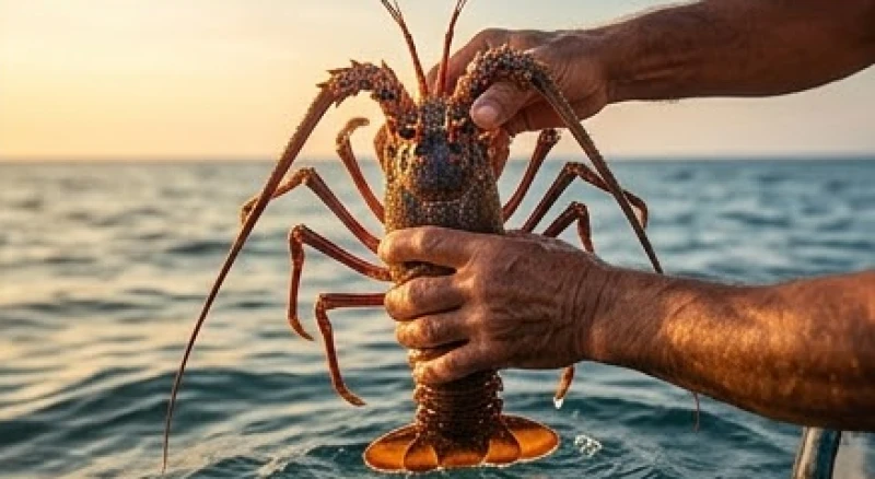 Ngư dân dùng hai tay nâng cao một con tôm hùm khổng lồ vừa đánh bắt được từ đại dương sâu thẳm