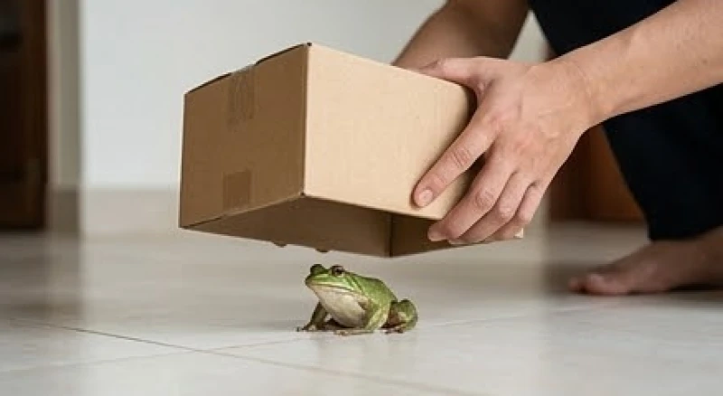 Dùng một chiếc hộp carton úp cẩn thận lên mình ếch để chuẩn bị đưa chúng ra ngoài khu vực sân vườn một cách an toàn.