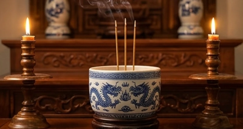 Bát hương thờ Thần linh Thổ công được đặt ở vị trí cao nhất trên ban thờ trang nghiêm rực rỡ ánh nến