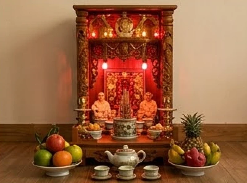 Ban thờ Thần Tài Thổ Địa được đặt vững chãi sát nền nhà với bát hương cố định