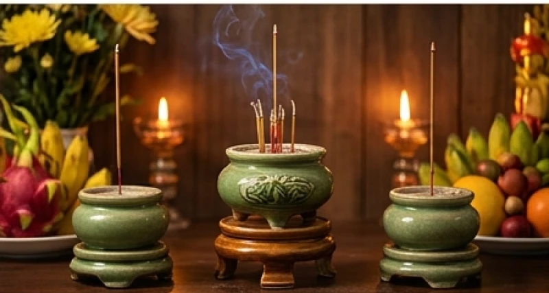 Ba bát hương đặt trên ban thờ với bát hương Thần linh kê cao nhất ở vị trí chính giữa trang nghiêm