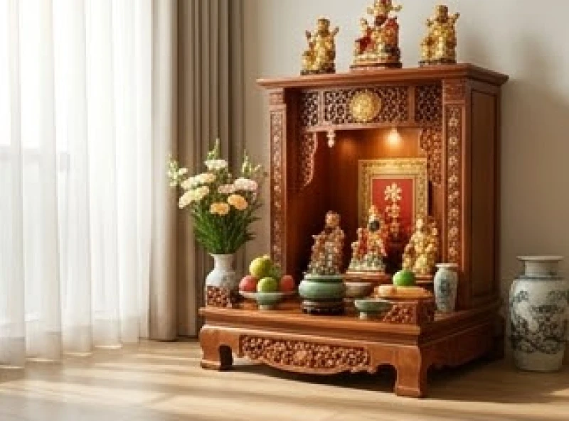Cách bài trí bàn thờ Thần Tài cho tuổi Thìn: Tọa độ chuẩn 2 Cặp tượng Thần Tài Thổ Địa và bát hương gốm sứ đặt ngay ngắn ở trung tâm