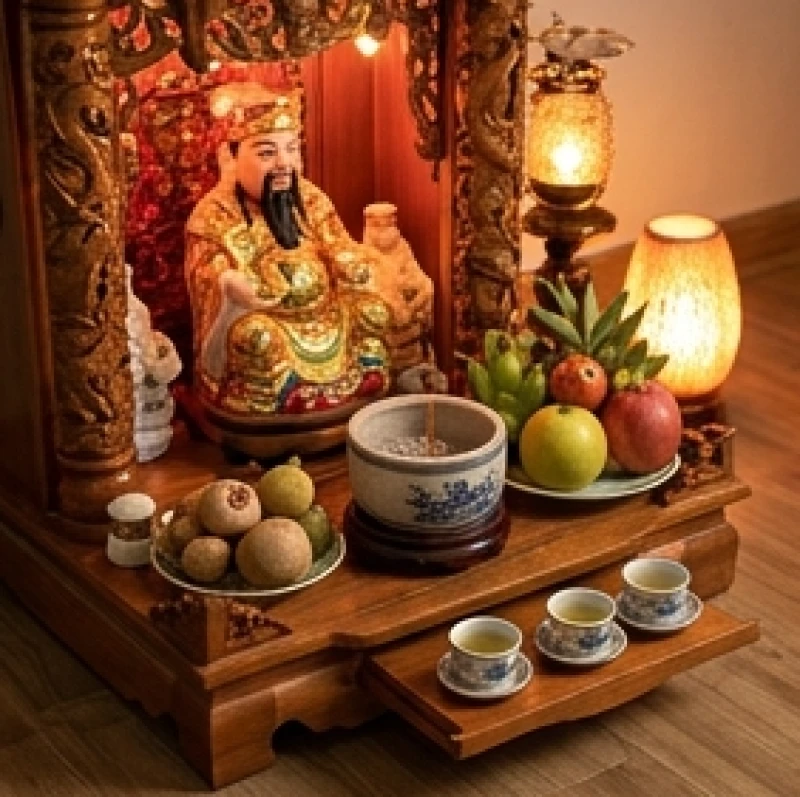 Không gian thờ cúng Thần Tài Thổ Địa với bát hương đặt sát mặt đất cạnh mâm trái cây tươi