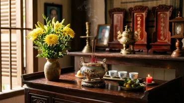 Không gian bàn thờ gia tiên Việt Nam ấm cúng và tôn nghiêm giúp hóa giải lo lắng khi bát hương bị đổ