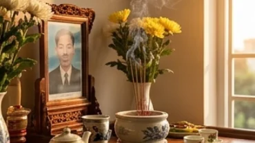 Không gian bàn thờ gia tiên trang nghiêm với bát hương gốm sứ đặt ngay ngắn giúp giải mã bát hương bị đổ là điềm gì