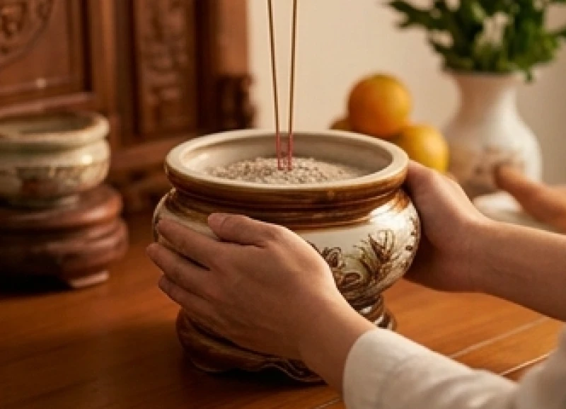 Hai tay ôm chặt và ấn nhẹ để cố định lại bát hương khi lỡ tay làm xê dịch trong lúc dọn dẹp