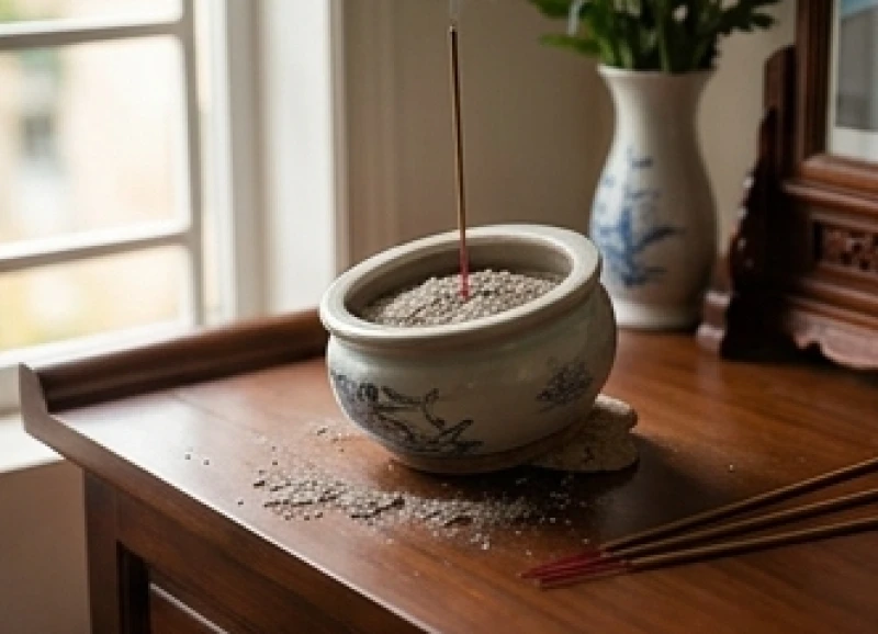 Bát hương bằng gốm sứ bị xê dịch nhẹ và nghiêng lệch khỏi vị trí trung tâm bàn thờ