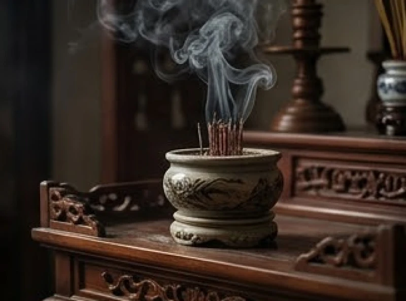 Bát hương trên bàn thờ đang cháy ngún âm ỉ với nhiều khói xám