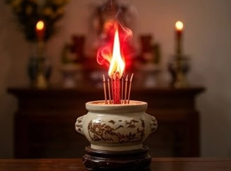 Bát hương bốc cháy với ngọn lửa đỏ rực rỡ ở phần trên của chân nhang mang theo điềm hưng vượng