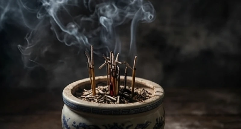 Chân nhang trong bát hương bị cháy đen và tỏa ra những luồng khói xám mờ mịt trên không gian thờ