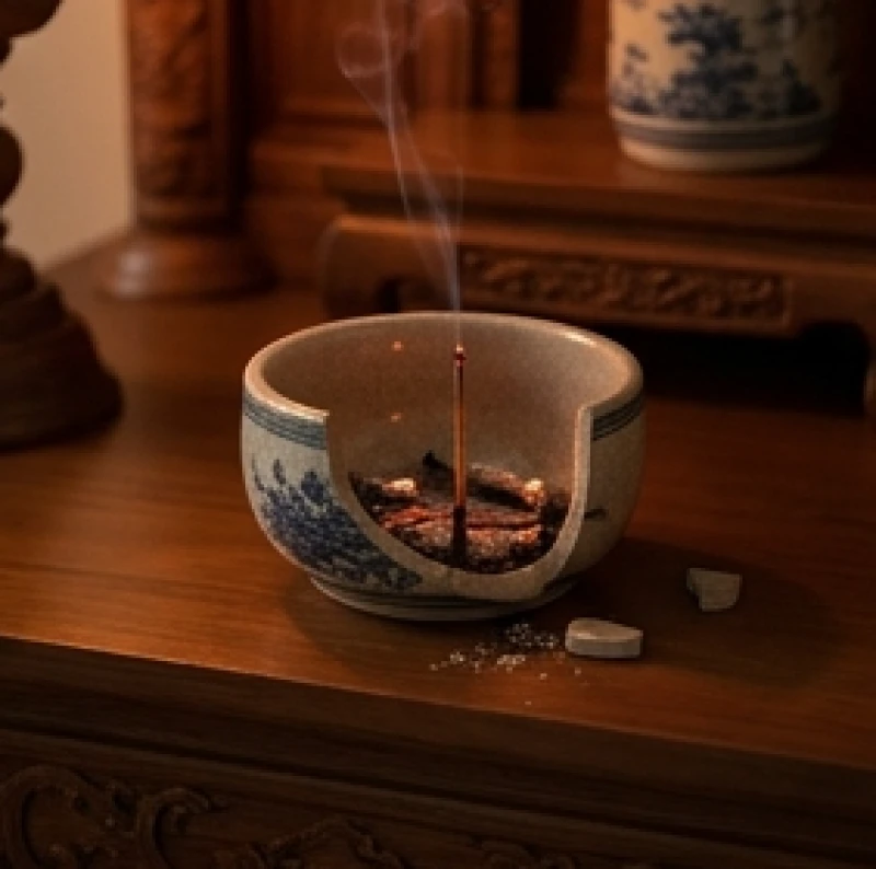 Chiếc bát hương bằng gốm sứ bị nứt vỡ tự nhiên trên bàn thờ gia tiên trong ánh sáng mờ ảo