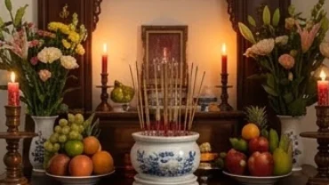 Bát hương bằng sứ trang nghiêm trên bàn thờ gia tiên, giúp giải đáp thắc mắc bát hương rung là điềm gì