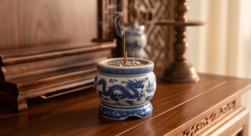 Cận cảnh bát hương sứ men lam họa tiết rồng chầu mặt nguyệt được đặt trang trọng chính giữa án gian gỗ tự nhiên