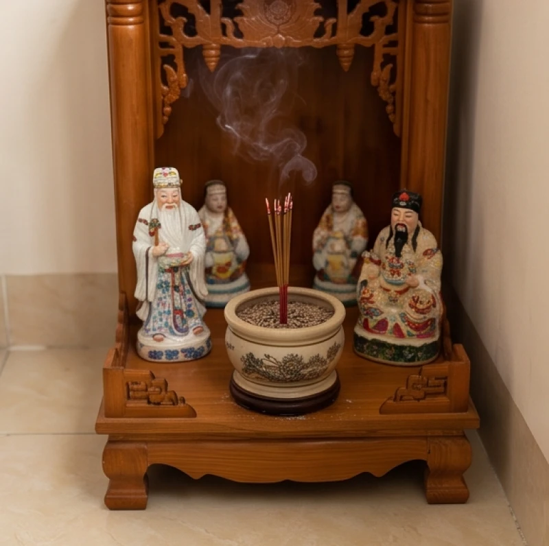 Cháy bát hương là điềm gì: Giải mã hóa âm hóa dương và bài khấn 6 Bát hương trên bàn thờ Thần Tài Ông Địa đặt sát mặt đất đang bốc khói nhẹ