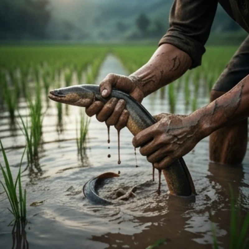 Bàn tay người lấm lem bùn đất đang cố gắng nắm chặt một con lươn đồng trơn trượt giữa thửa ruộng ngập nước