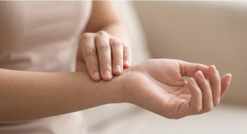 Góc chụp cận cảnh hai bàn tay đang tự bắt mạch cổ tay để theo dõi sức khỏe
