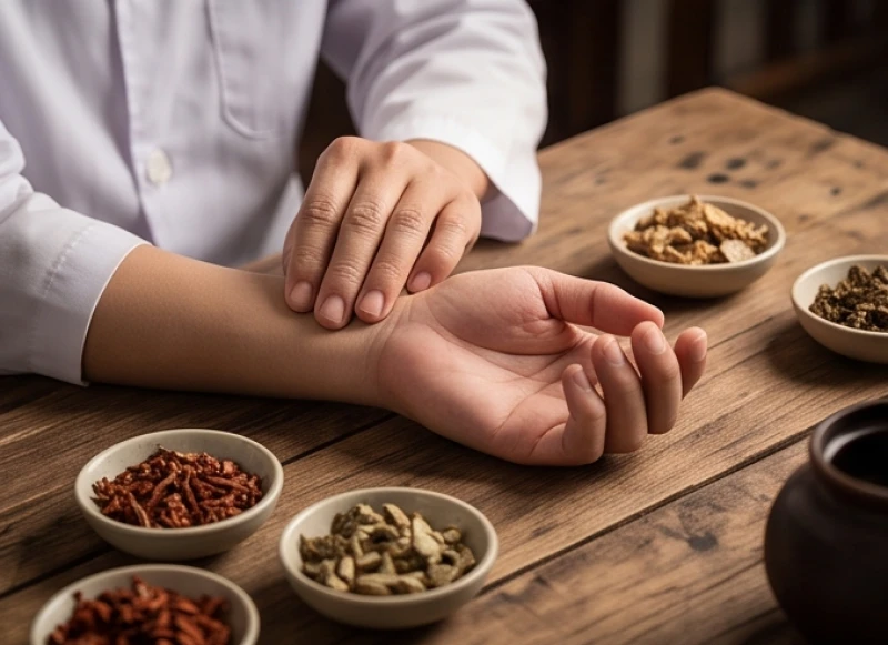 Âm dương là gì: Bản chất triết lý và giải mã biểu tượng Thái cực 8 Thầy thuốc đang bắt mạch chẩn đoán mức độ suy giảm năng lượng trong cơ thể người bệnh