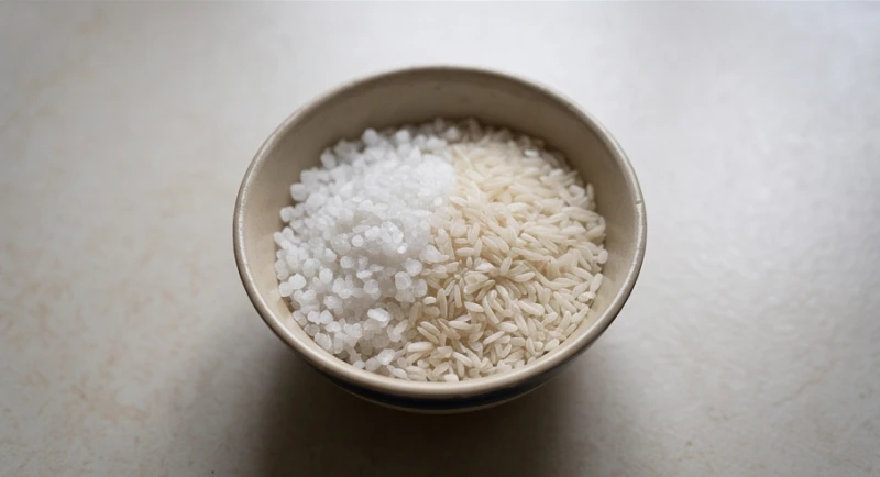 Chiếc bát sứ nhỏ chứa hỗn hợp muối hạt to và gạo sống được đặt gần khu vực cần thanh lọc