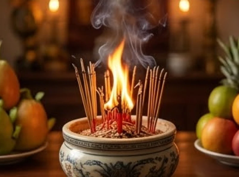 Ngọn lửa bùng lên mạnh mẽ từ lớp chân nhang dày đặc cắm trong bát hương trên bàn thờ gia tiên