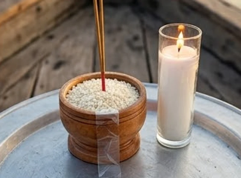 Văn khấn Bà Cậu tại ghe thuyền: Bài cúng chuẩn và vị trí dâng lễ 6 Bát cắm nhang bằng gỗ chứa đầy gạo được dán chặt xuống khay nhôm cạnh những ly nến bão thủy tinh