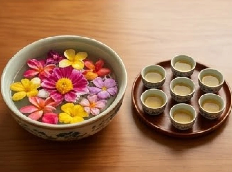 Bát nước Minh Đường Tụ Thủy đầy ắp rắc cánh hoa tươi nằm cạnh khay năm chén nước