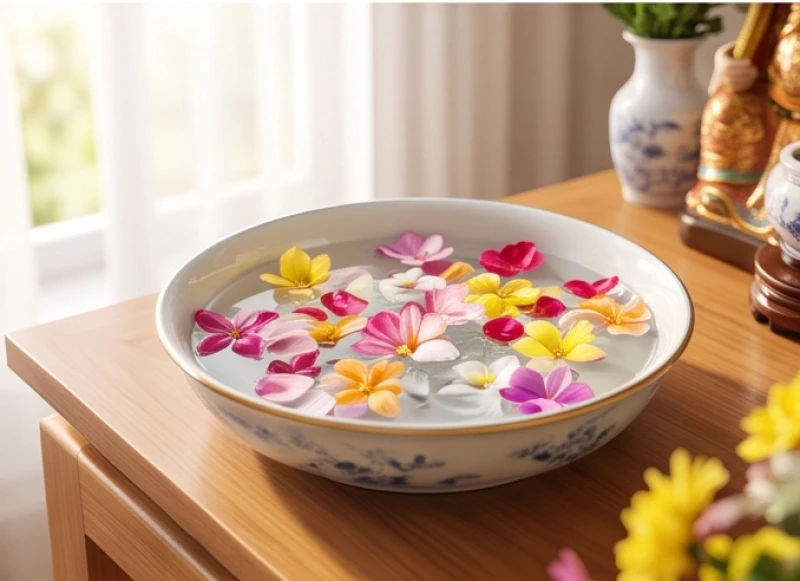 Bát nước Minh Đường Tụ Thủy bằng sứ chứa nước sạch và những cánh hoa tươi đặt ở góc ngoài cùng của mâm thờ