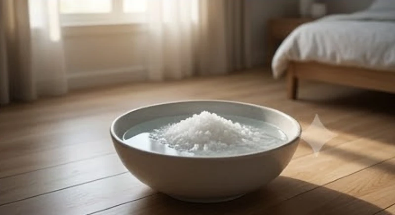 Bát nước lọc chứa muối hạt tự nhiên được đặt cẩn thận góc phòng ngủ nhằm hấp thụ những nguồn năng lượng tiêu cực ứ đọng