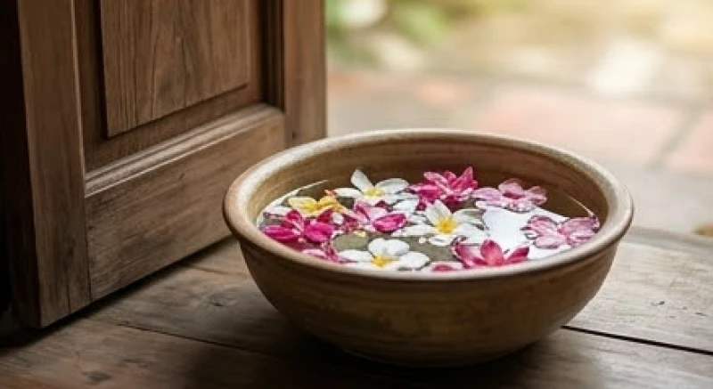 Bát nước gốm sứ mộc mạc thả vài cánh hoa tươi được đặt ngay ngắn sát bậu cửa ra vào